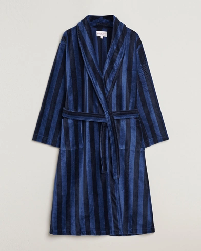 Mies |  | Derek Rose | Cotton Velour Striped Gown Navy/Blue