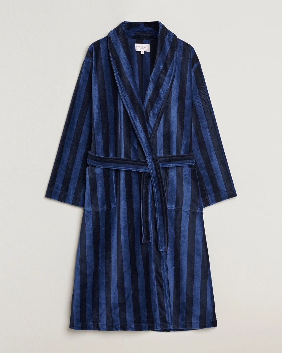 Derek Rose Striped Cotton Velour Gown Navy – Sininen