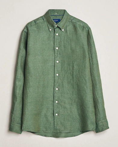  Slim Fit Linen Button Down Shirt Dark Green