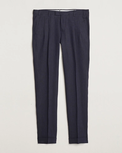  Slim Fit Pleated Linen Trousers Navy