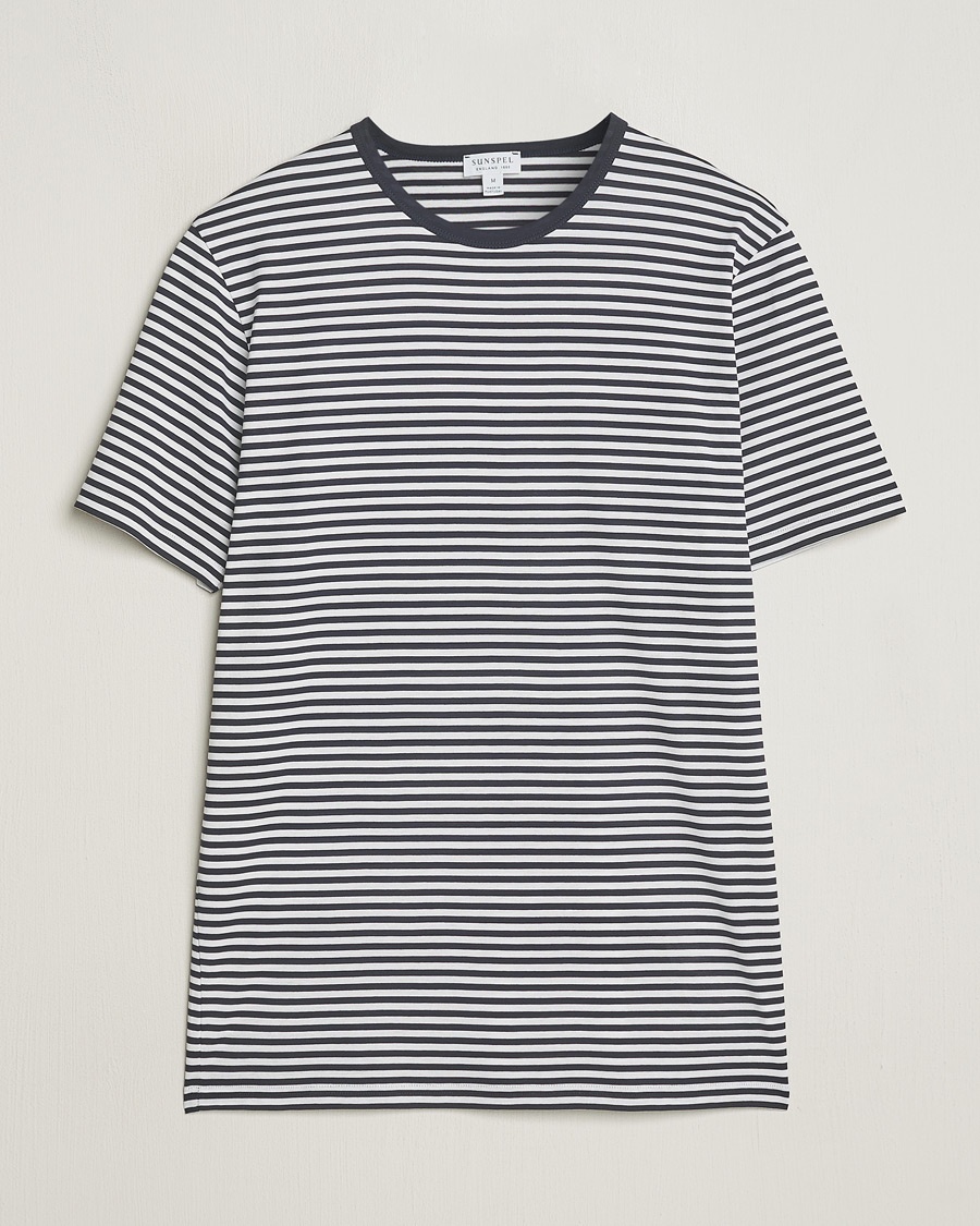 Sunspel Striped Crew Neck Q82 Cotton T-Shirt White/Navy – Sininen