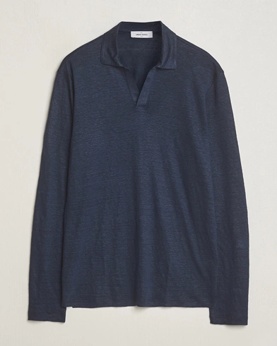 Mies |  | Gran Sasso | Washed Linen Long Sleeve Polo Navy