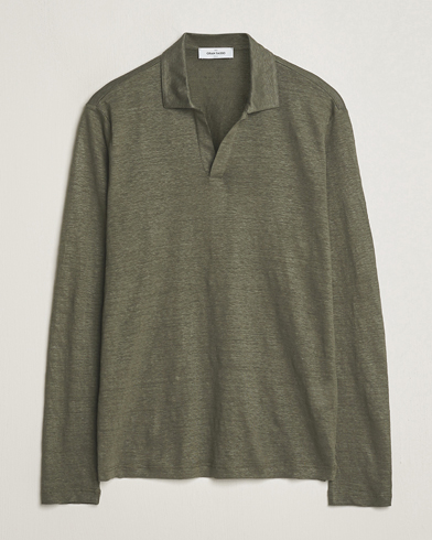 Mies |  | Gran Sasso | Washed Linen Long Sleeve Polo Dark Green Melange