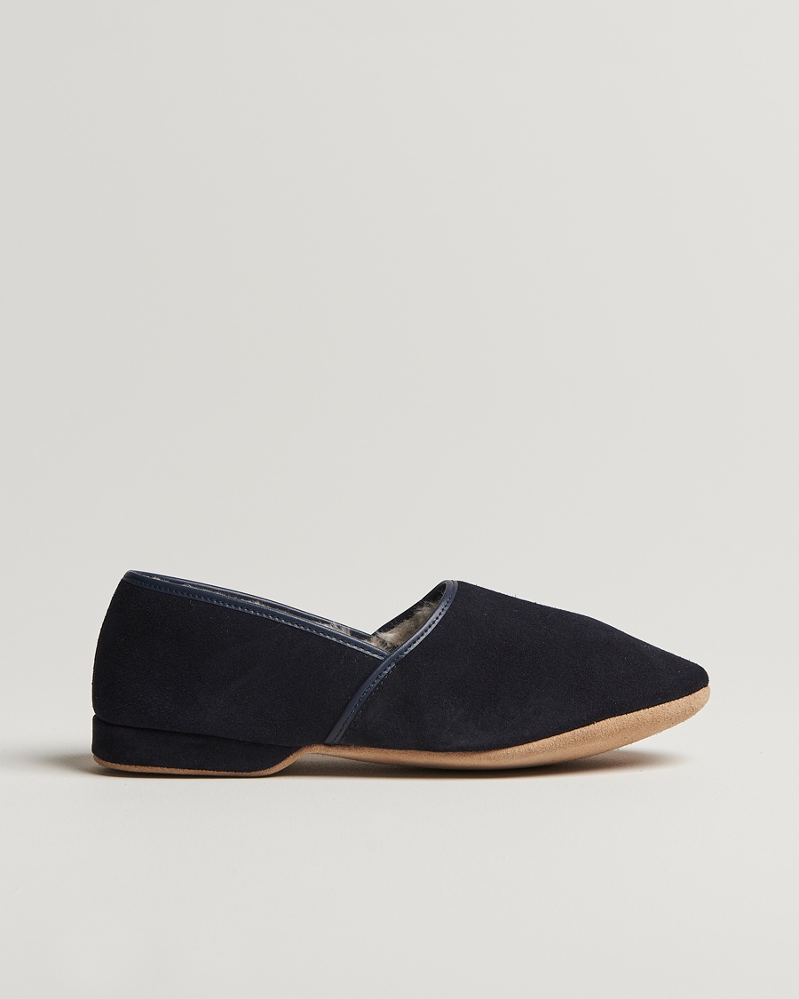 Derek Rose Crawford Sheepskin Suede Slippers Navy – Sininen