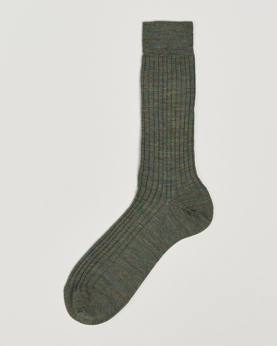 Bresciani Wool/Nylon Ribbed Short Socks Green Melange – Vihreä