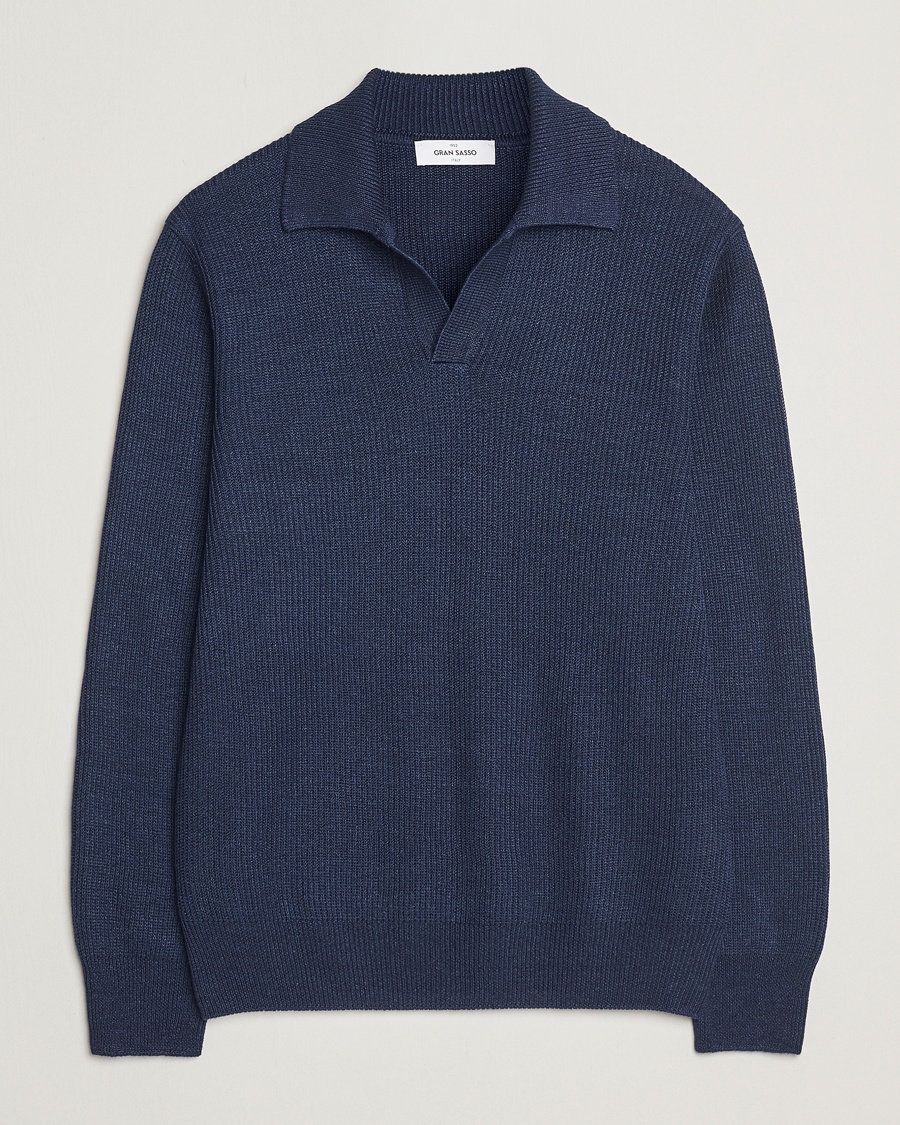 Gran Sasso Linen/Cotton Open Collar Knitted Polo Navy Melange – Sininen