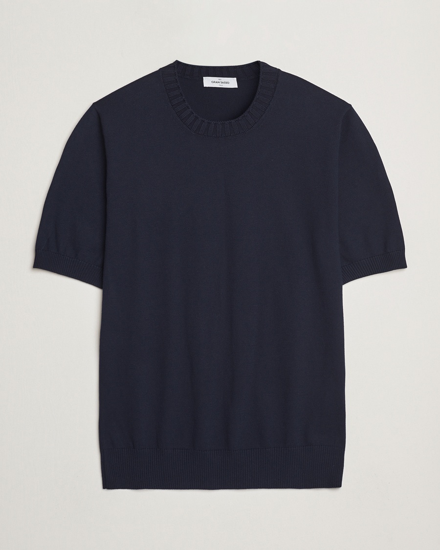 Gran Sasso Cotton Heavy Knitted Crew Neck T-Shirt Navy – Sininen