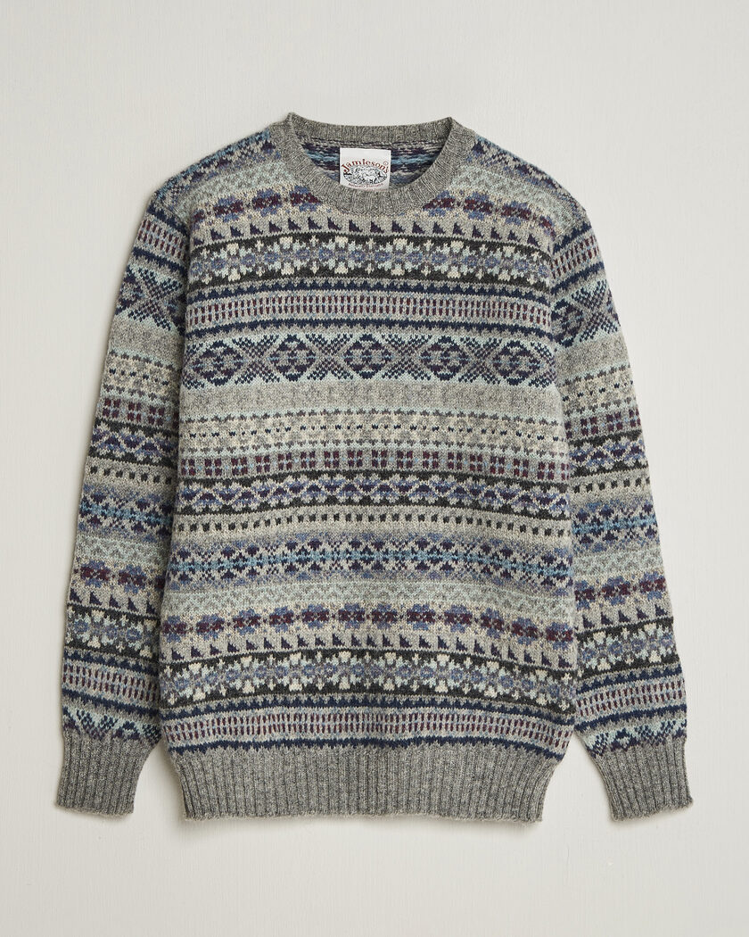 Jamieson's of Shetland Jamiesons Of Shetland All Over Fair Isle Pullover Crew Neck Light Grey – Harmaa