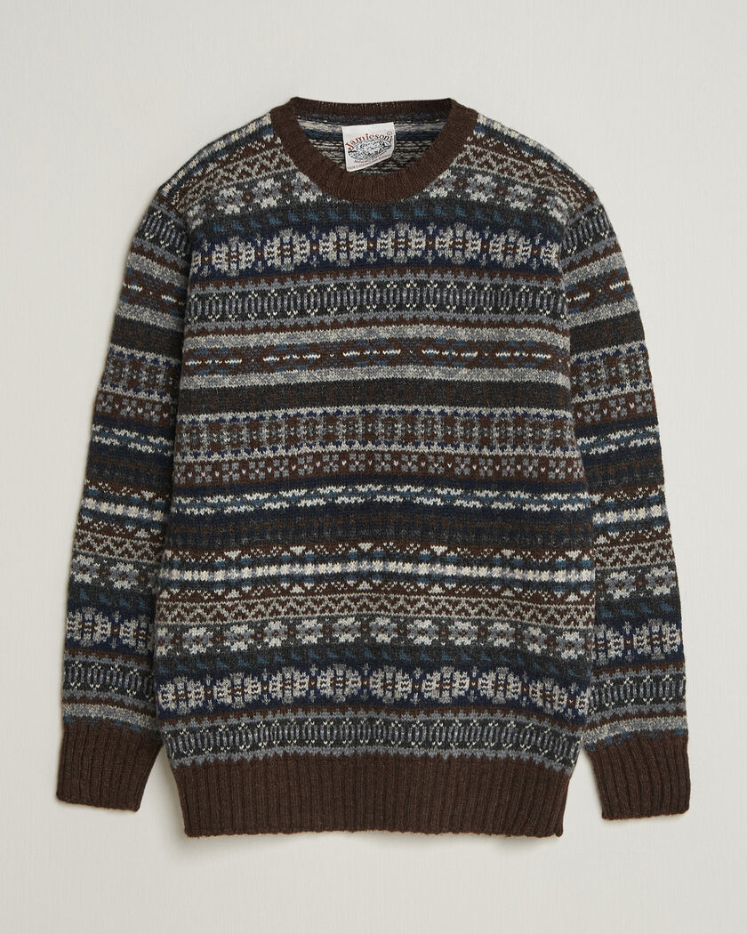 Jamieson's of Shetland Jamiesons Of Shetland All Over Fair Isle Pullover Crew Neck Brown – Ruskea
