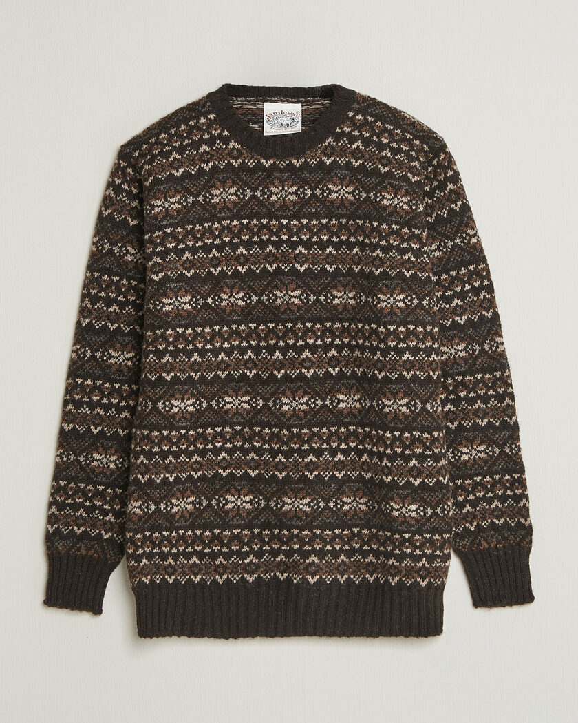 Jamieson's of Shetland Jamiesons Of Shetland All Over Fair Isle Pullover Crew Neck Dark Brown – Ruskea