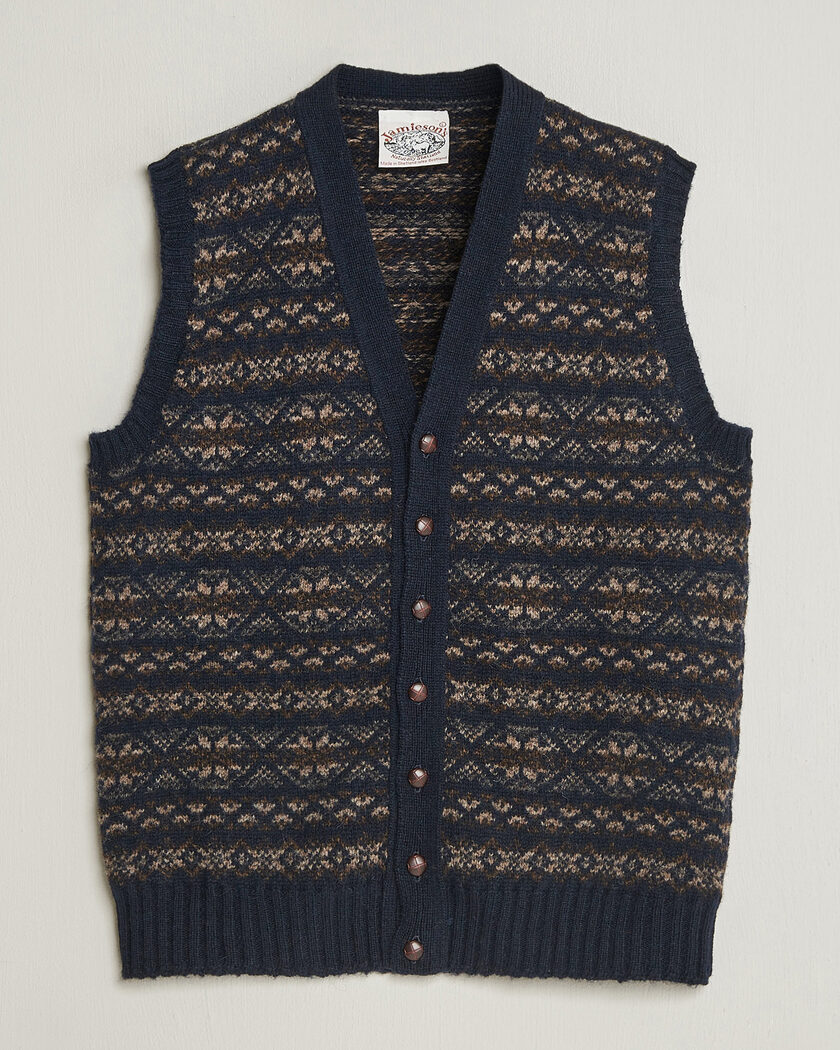 Jamieson's of Shetland Jamiesons Of Shetland All Over Fair Isle Waistcoat Navy – Sininen