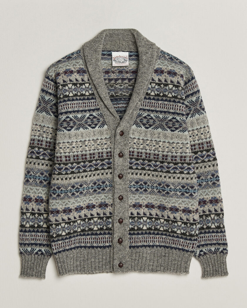 Jamieson's of Shetland Jamiesons Of Shetland All Over Fair Isle Shawl Collar Cardigan Grey – Harmaa