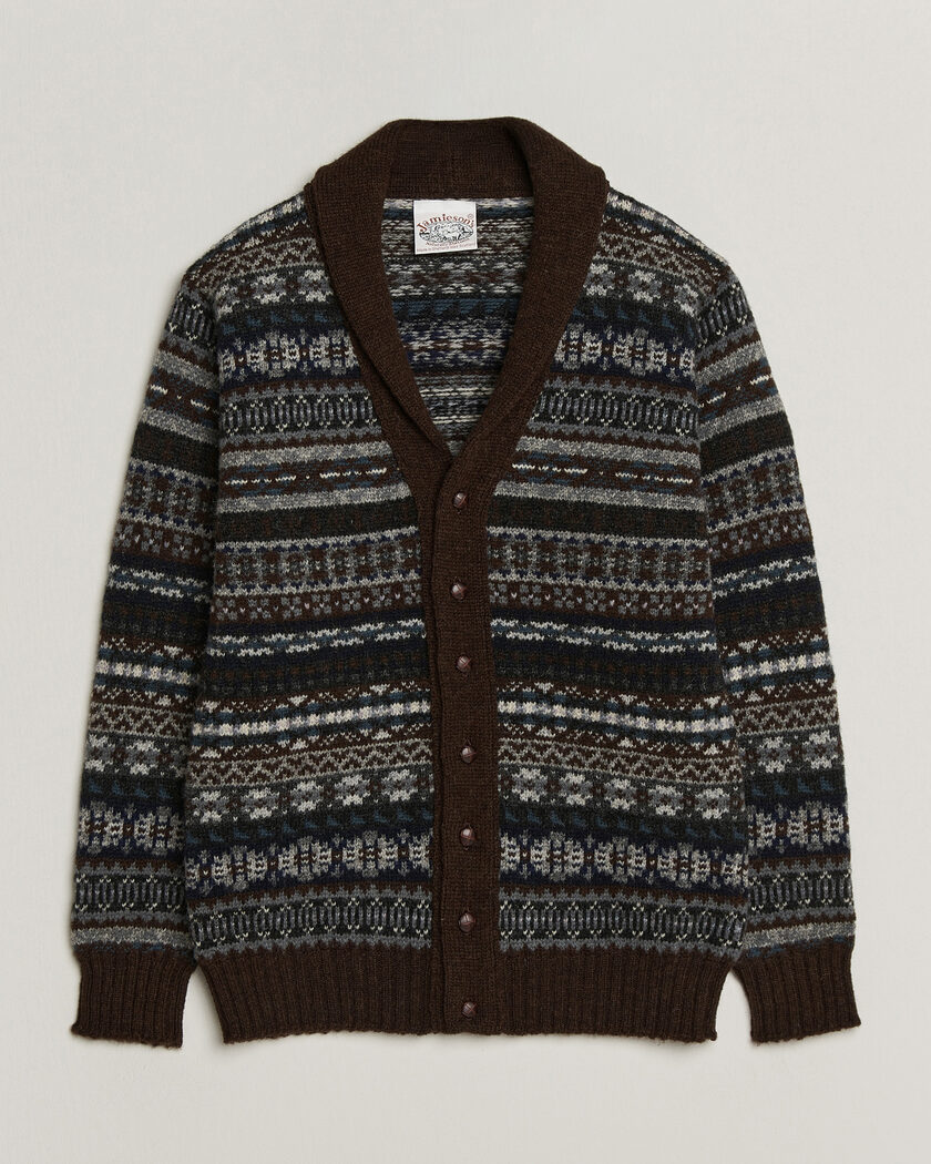Jamieson's of Shetland Jamiesons Of Shetland All Over Fair Isle Shawl Collar Cardigan Brown – Ruskea