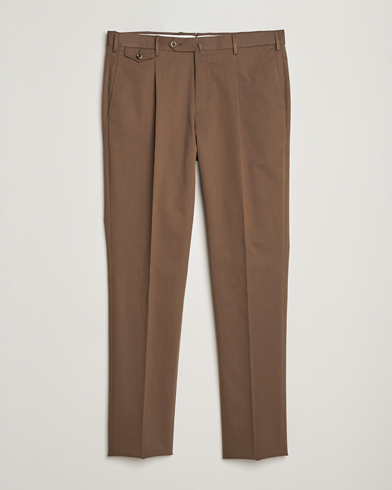 PT01 Slim Fit Pleated Cotton/Cashmere Trousers Dark Brown – Ruskea