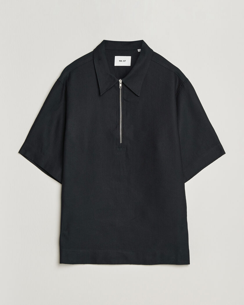 NN07 Bruno Linen/Viscose Half Zip Polo Black – Musta