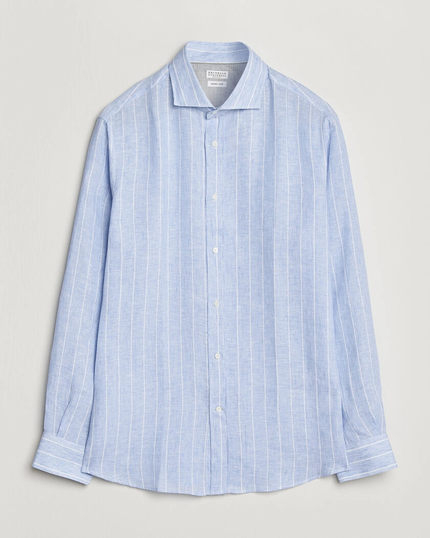 Brunello Cucinelli Easy Fit Linen Shirt Light Blue Stripe – Sininen
