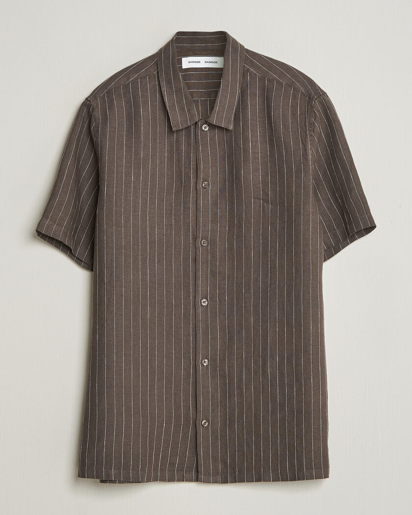 Samsøe Samsøe Avan Linen Striped Short Sleeve Shirt Black Olive – Vihreä