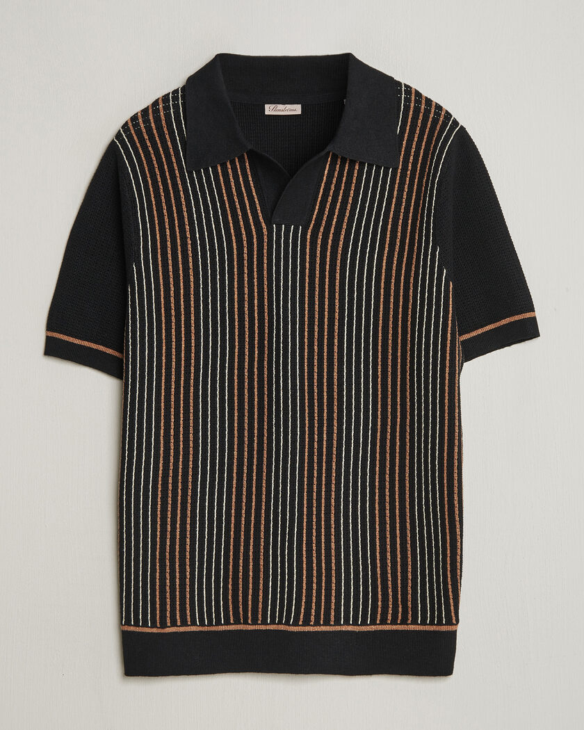  Stenströms Knitted Stripe Hemp/Cotton Polo Black – Monivärinen