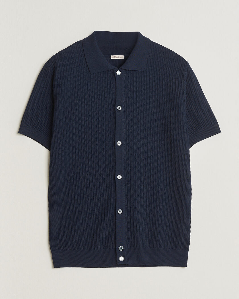 Stenströms Knitted Buttonthru Merino Polo Shirt Navy – Sininen