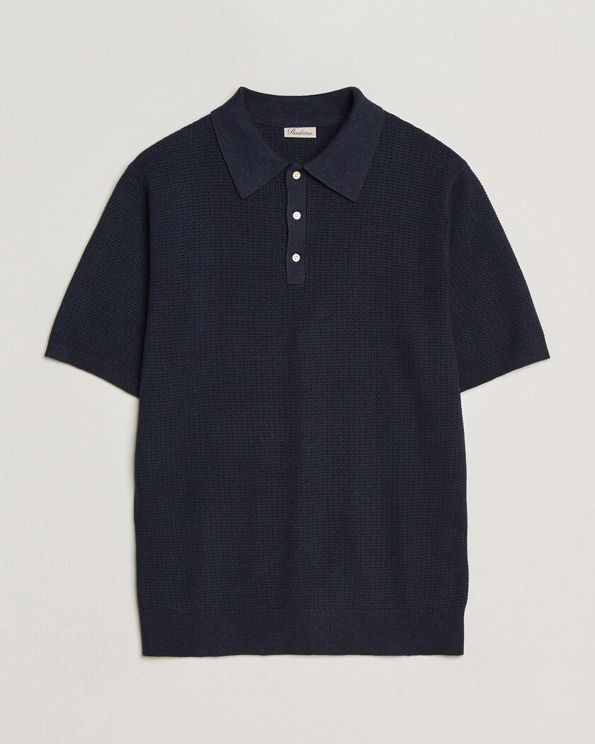Stenströms Knitted Textured Cotton/Hemp Polo Navy – Sininen