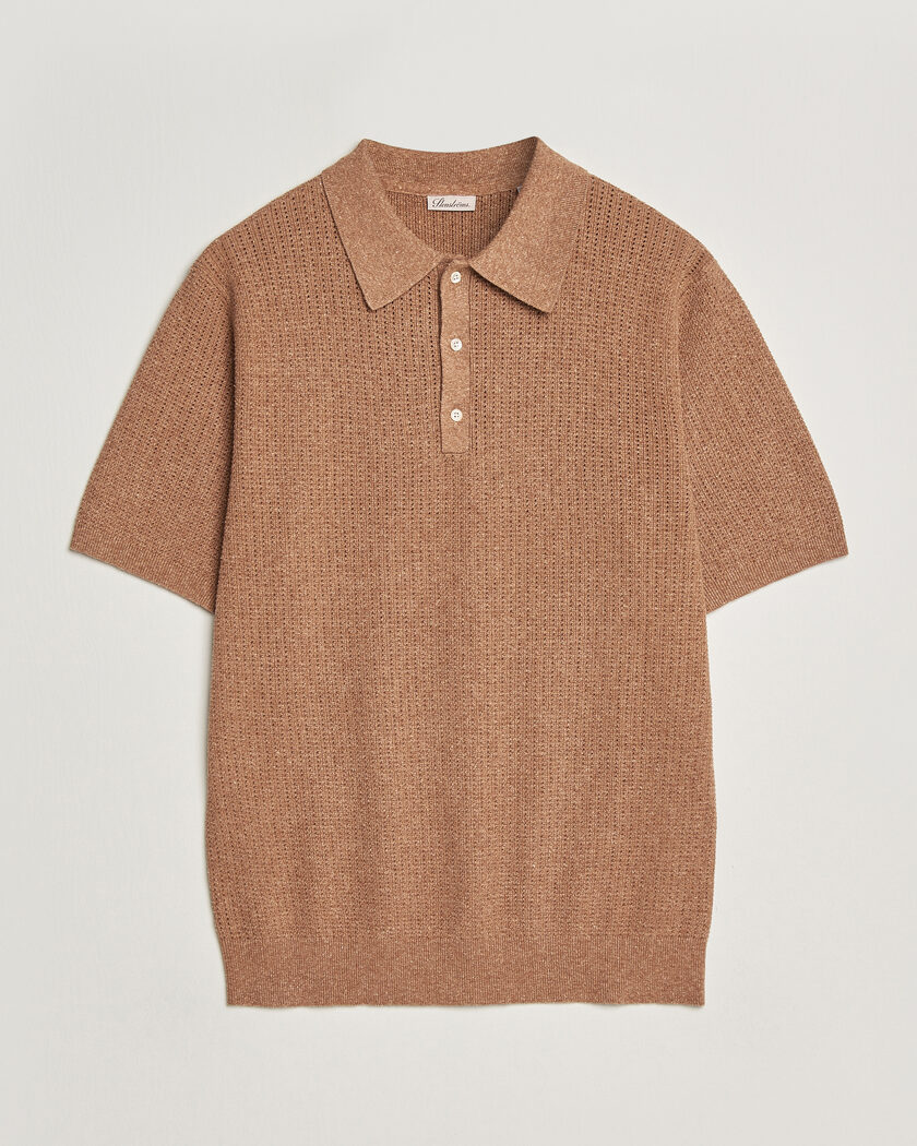 Stenströms Knitted Textured Cotton/Hemp Polo Light Brown – Ruskea