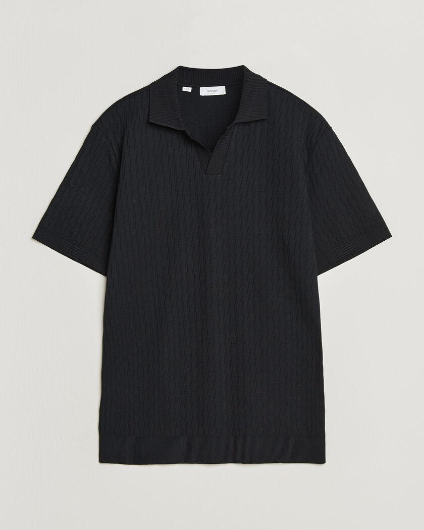 Eton Open Collar Jacquard Polo Black – Musta