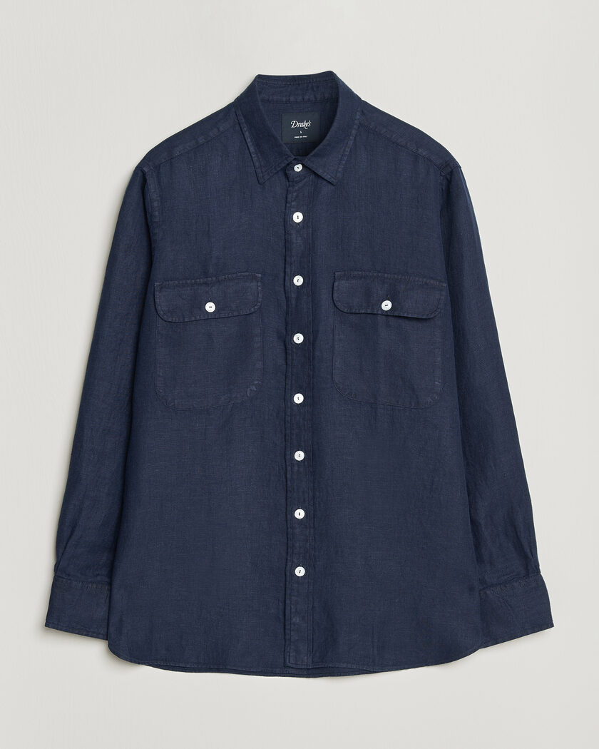 Drake's Linen Twill Deep Pocket Work Shirt Navy – Sininen