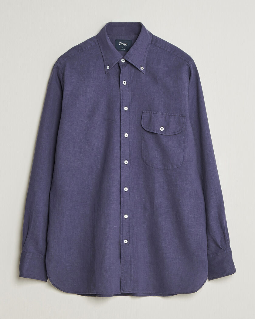 Drake's Linen Button Down Curved Pocket Shirt Navy – Sininen