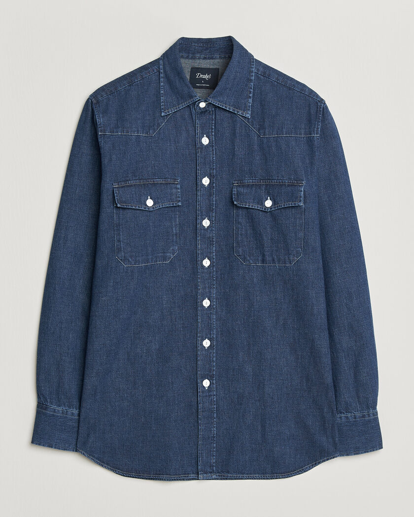 Drake's Light Denim Western Shirt Stone Wash – Sininen