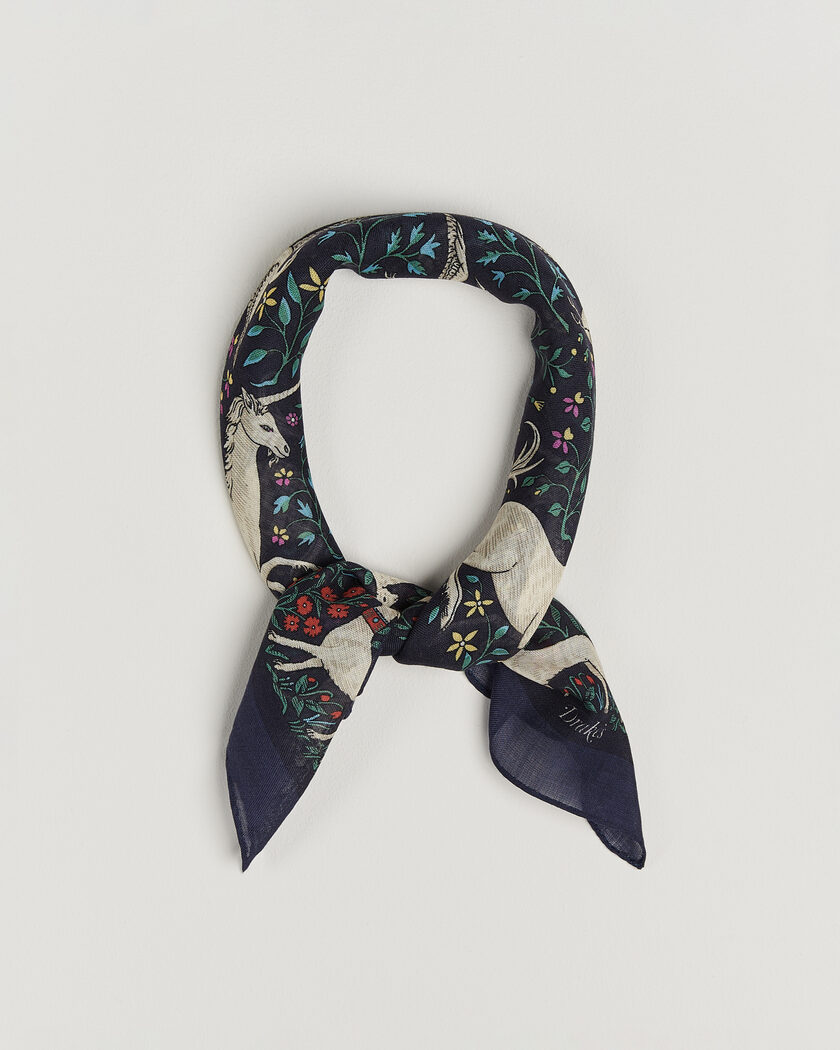 Drake's Unicorn Print Wool/Silk Bandana Navy – Sininen