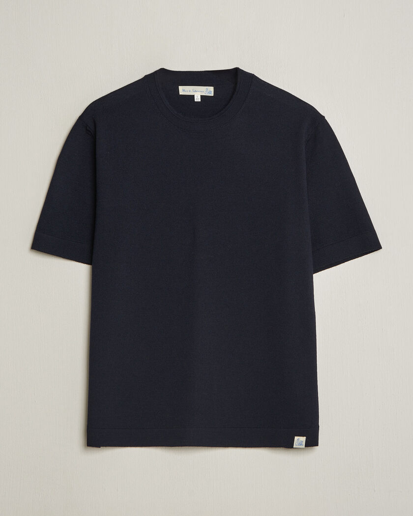 Merz b. Schwanen Relaxed Fit Merino Knitted T-Shirt Dark Navy – Sininen