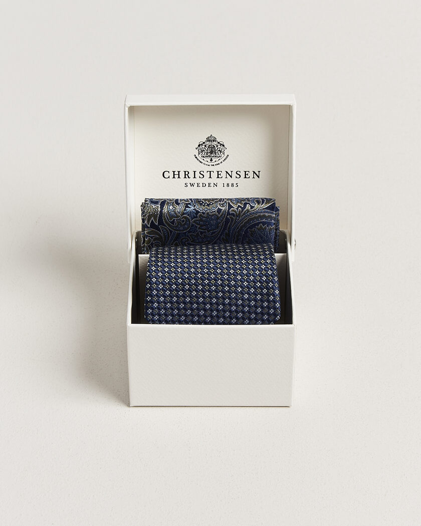 Amanda Christensen Box Set Printed Silk 8cm Tie With Pocket Square Navy/Green – Sininen
