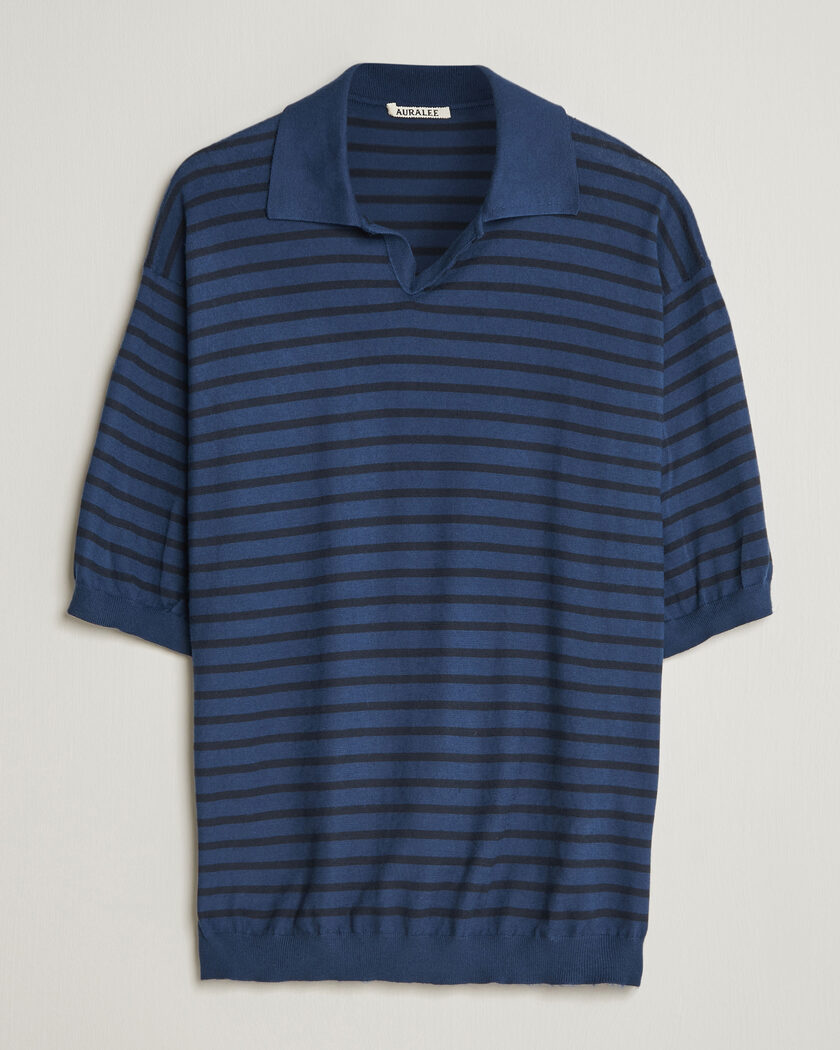 Auralee Cotton Knit Skipper Polo Navy Stripe – Sininen
