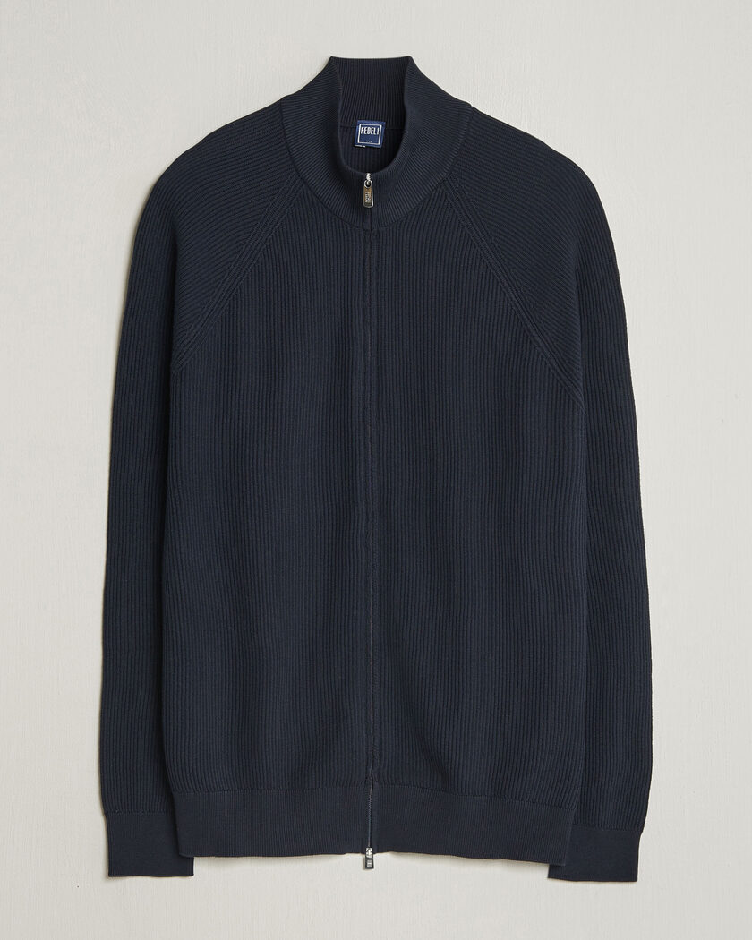 Fedeli Giza Cotton Full Zip Sweater Navy – Sininen
