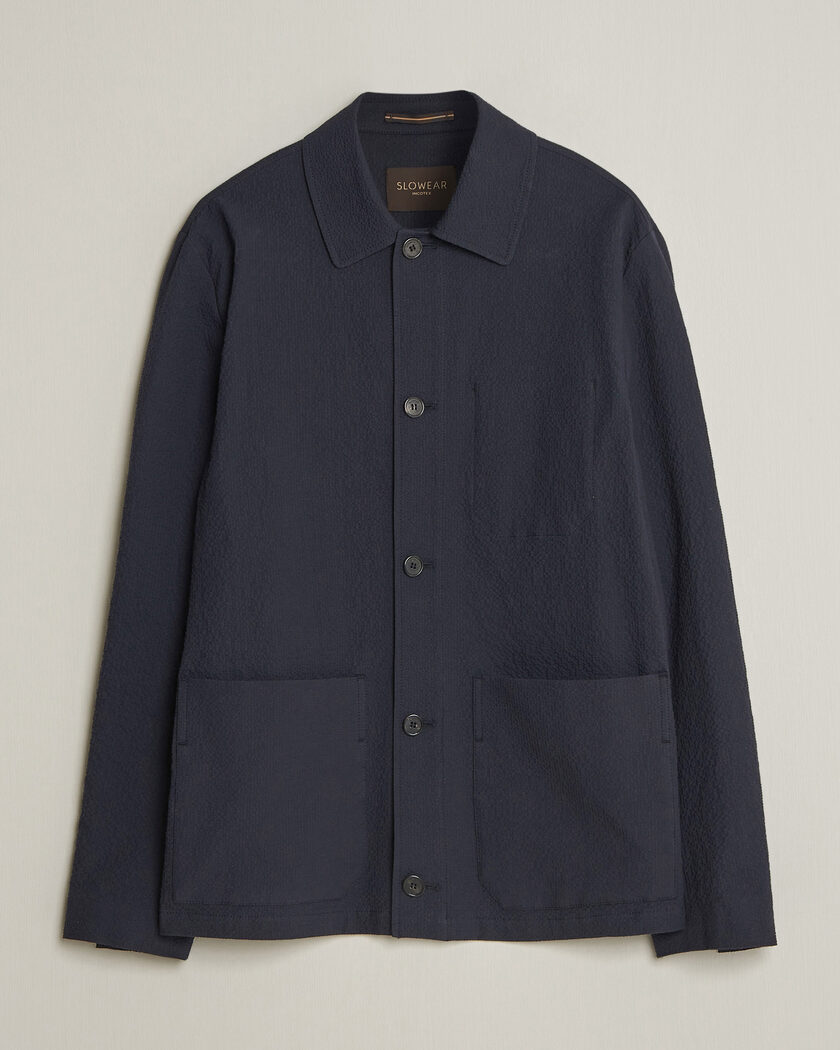 Incotex Seersucker Cotton/Silk Chore Jacket Navy – Sininen