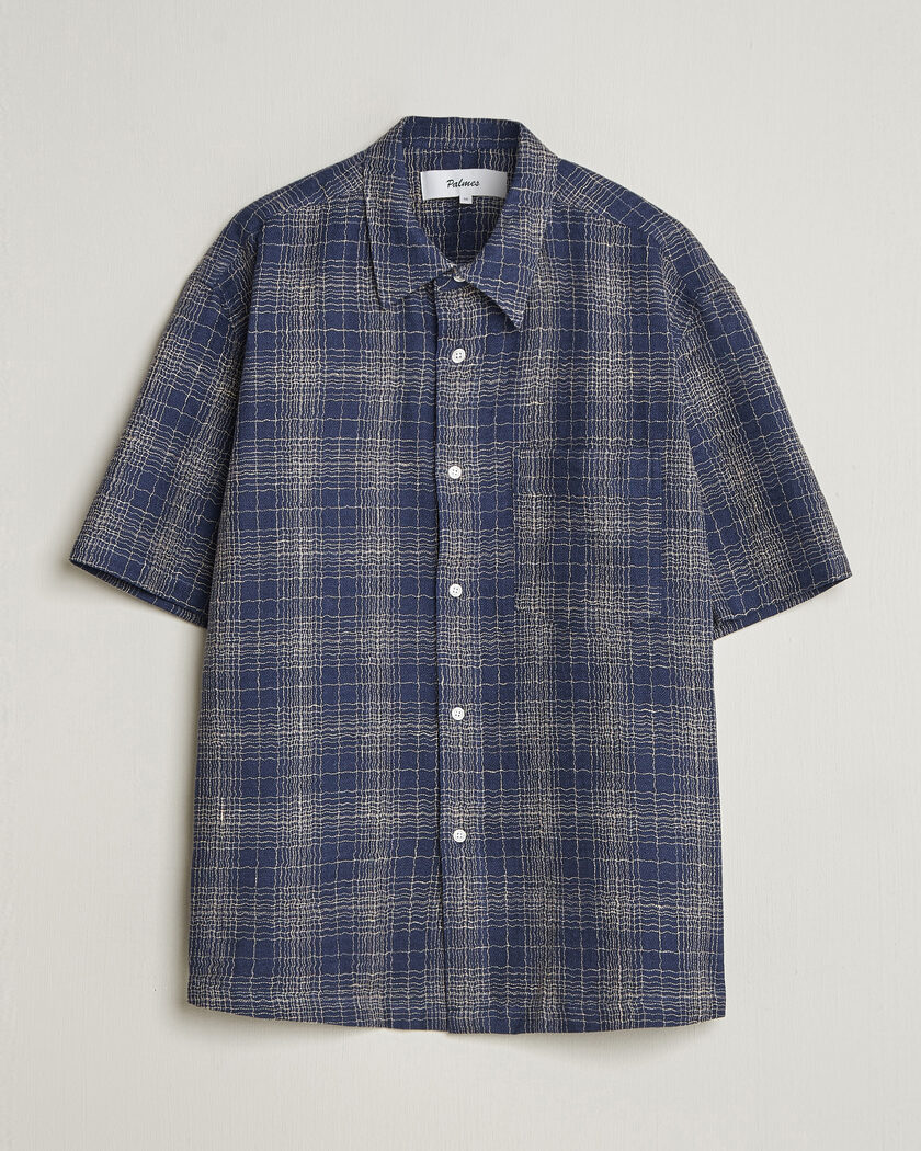 Palmes Cotton/Linen Short Sleeve Shirt Navy Check – Sininen