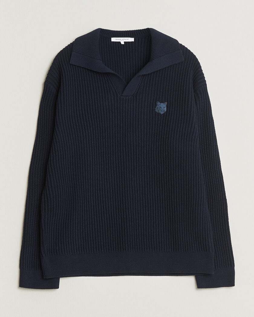 Maison Kitsuné Tonal Fox Head Rib Knitted Polo Navy – Sininen