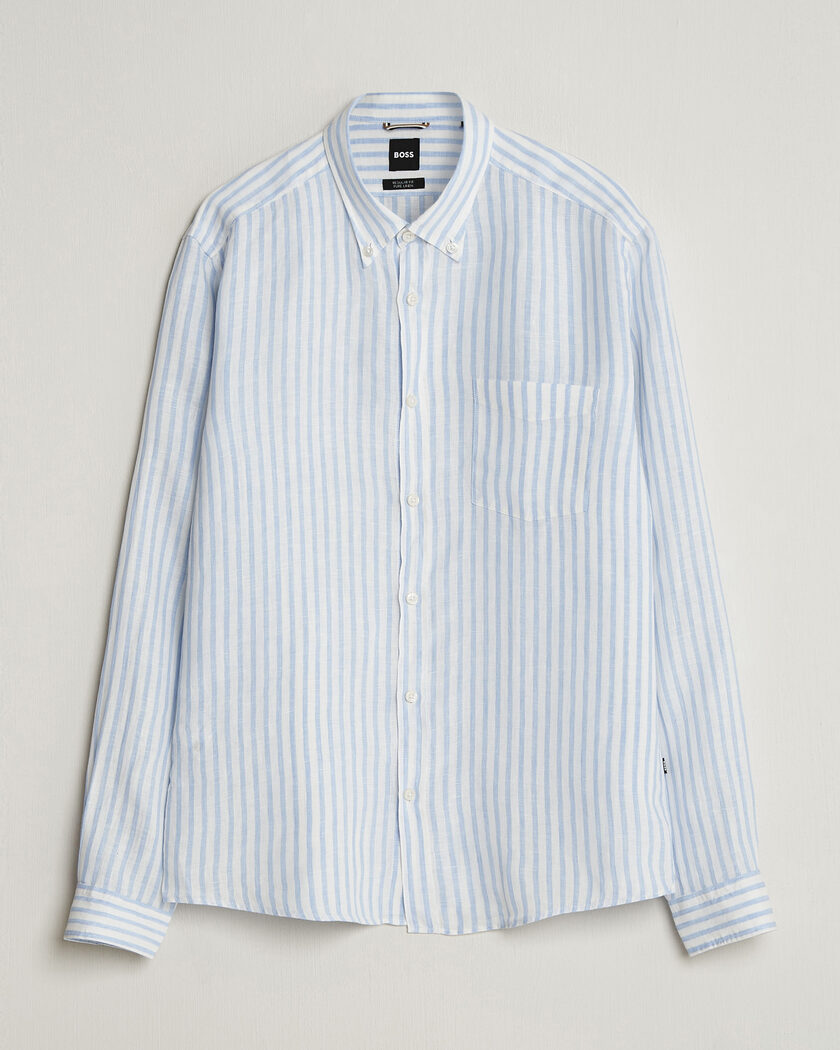 BOSS BLACK Liam Striped Linen Shirt Light Blue – Sininen