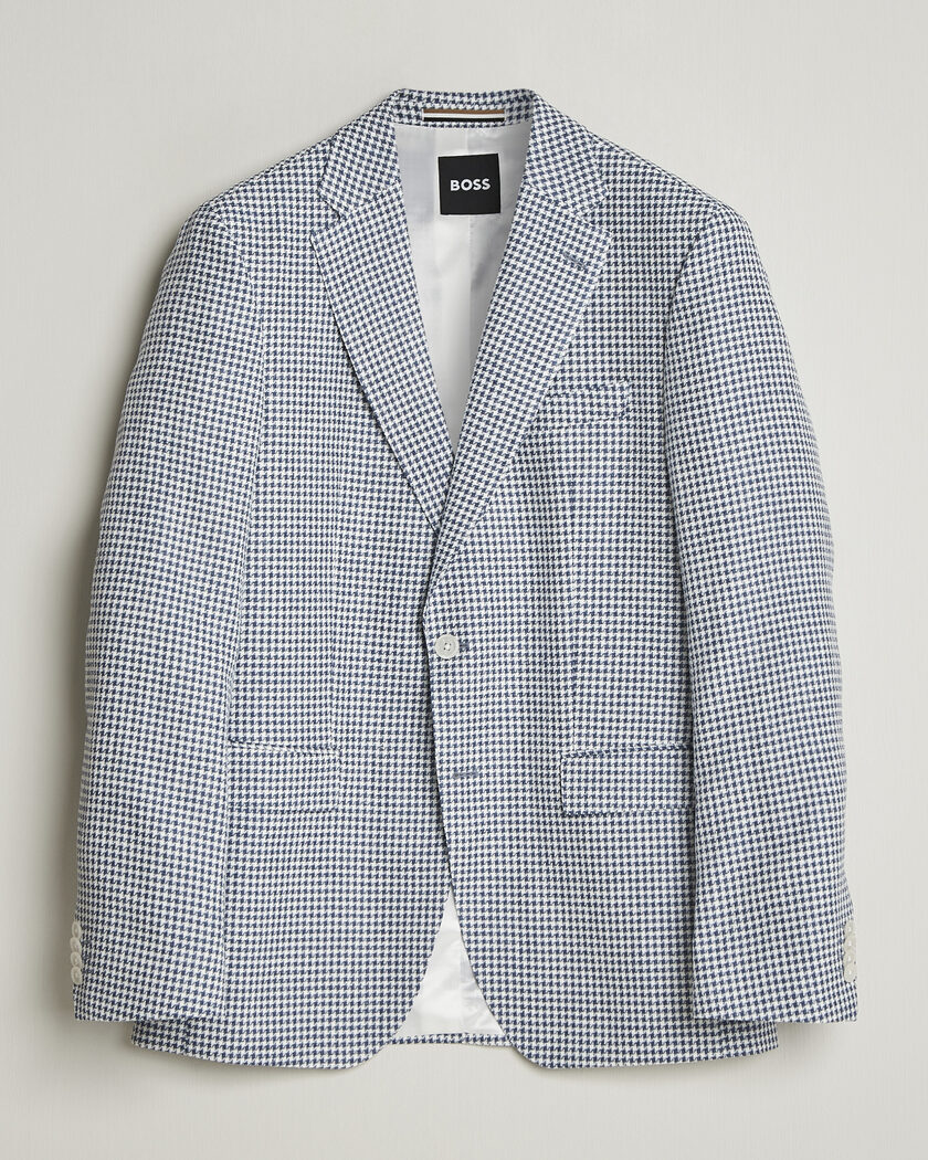 BOSS BLACK Hutson Linen/Cotton Houndstooth Blazer Open Blue – Sininen