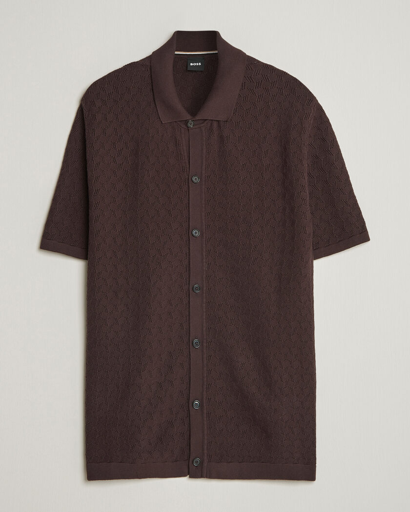 BOSS BLACK Nappo Knitted Short Sleeve Shirt Dark Brown – Ruskea