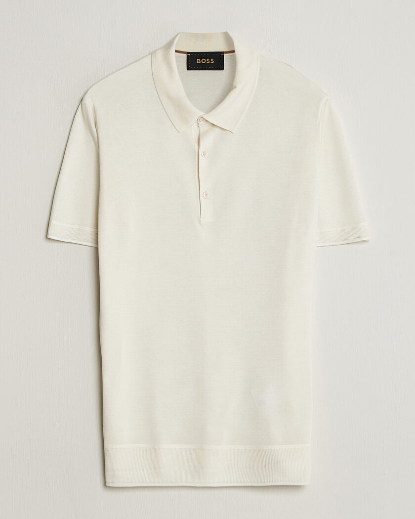 BOSS CAMEL Novo Silk Knitted Polo Open White – Valkoinen