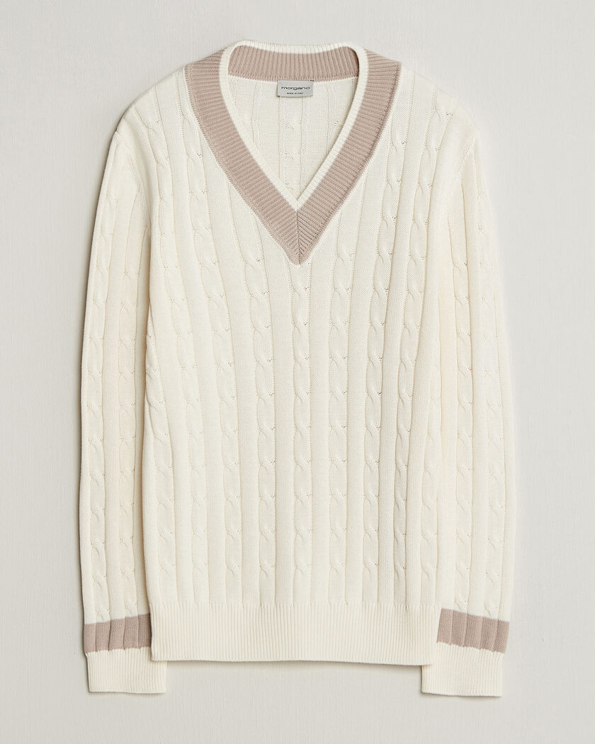 Morgano Cable Knitted Cotton V-Neck White/Beige – Valkoinen