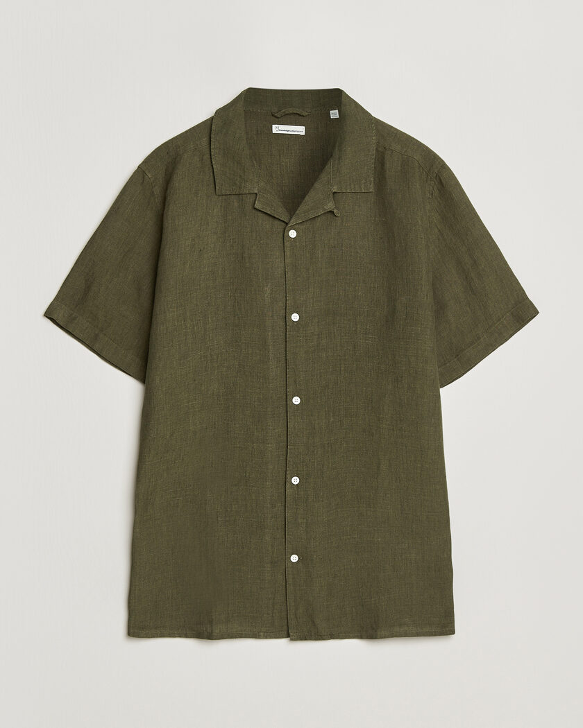 KnowledgeCotton Apparel Short Sleeve Linen Resort Shirt Burnt Olive – Vihreä