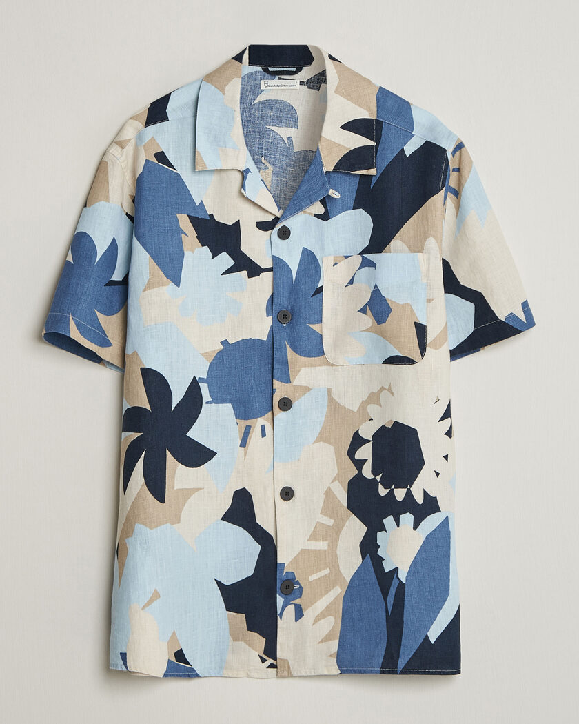 KnowledgeCotton Apparel Relaxed Printed Linen Short Sleeve Shirt Blue – Sininen