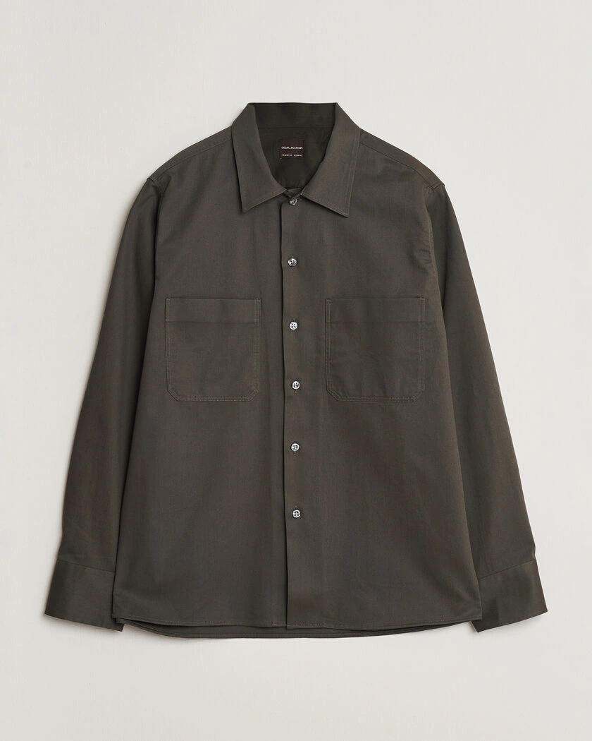 Oscar Jacobson Straight Fit Bowling Collar Cotton Shirt Olive – Vihreä