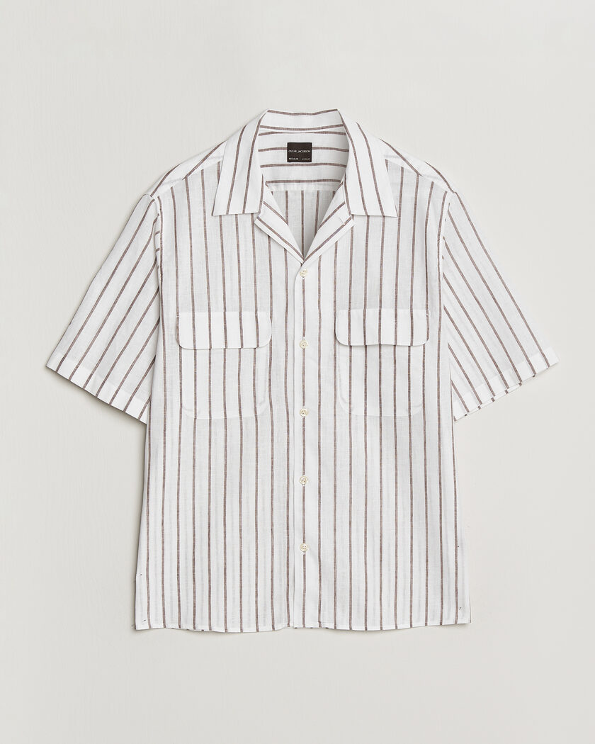 Oscar Jacobson Striped Short Sleeve Linen Shirt Brown/White – Valkoinen