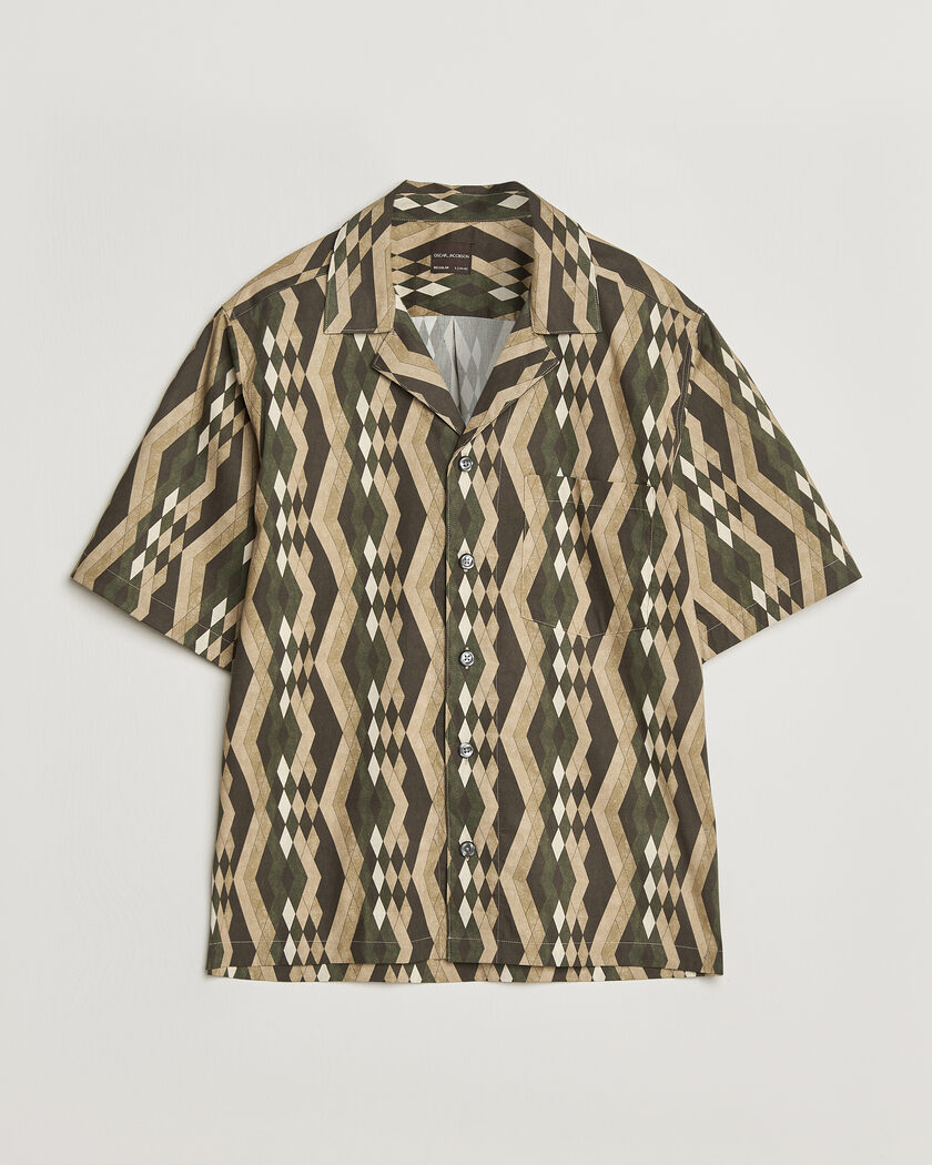 Oscar Jacobson Reg Fit Cuban Printed Short Sleeve Shirt Olive – Vihreä