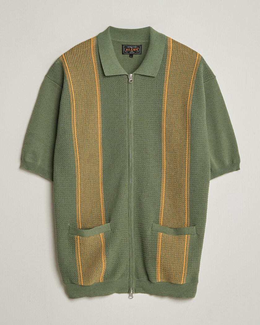  BEAMS PLUS Zip Knit Striped Polo Olive – Monivärinen