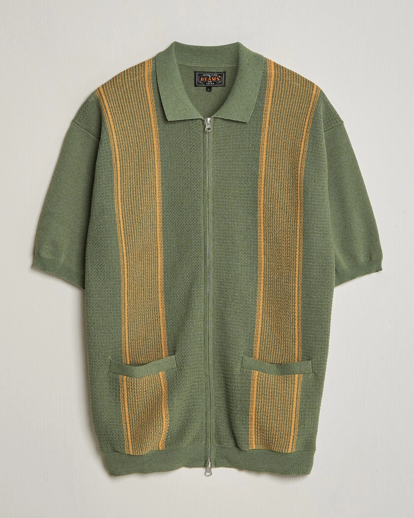 BEAMS PLUS Zip Knit Striped Polo Olive – Monivärinen
