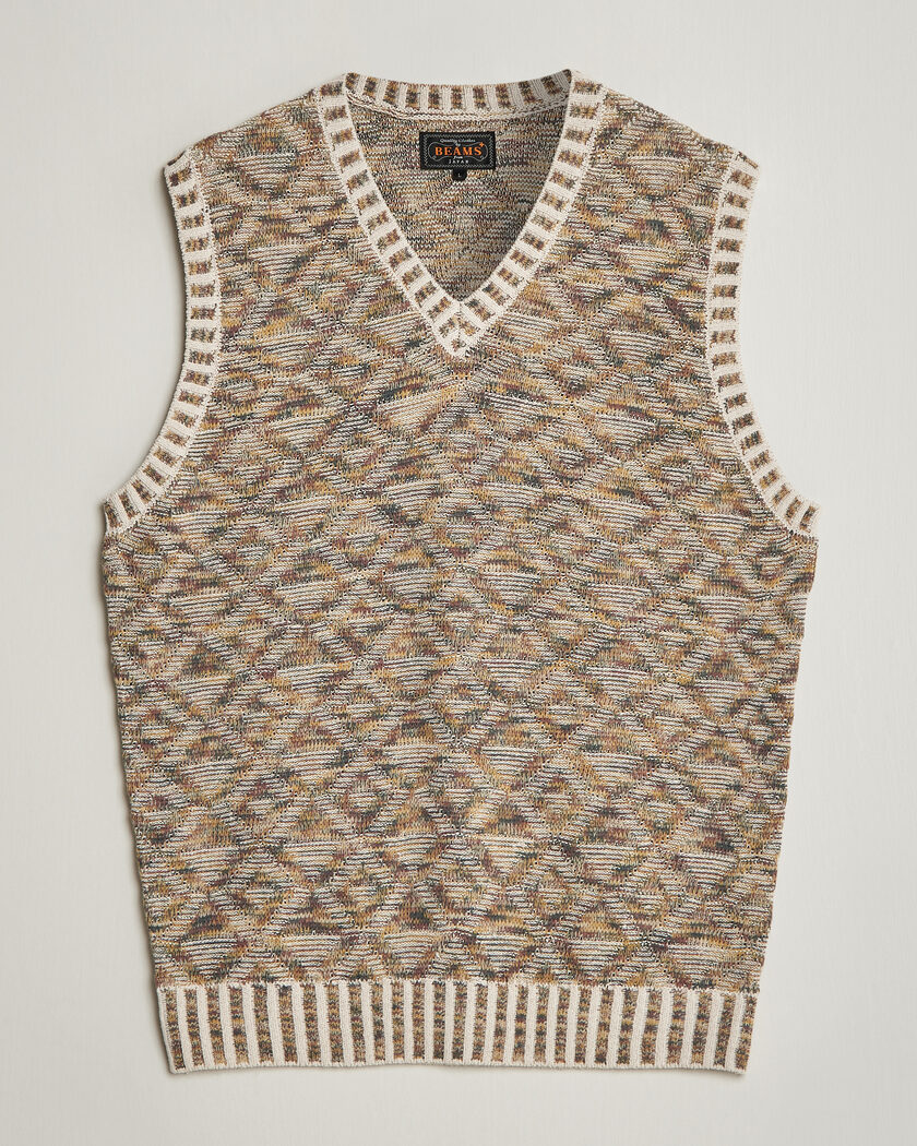 BEAMS PLUS Kasuri Jacquard Knit Vest Beige – Monivärinen